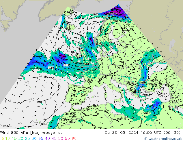 ветер 850 гПа Arpege-eu Вс 26.05.2024 15 UTC