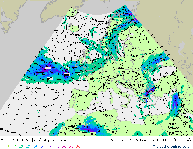 Wind 850 hPa Arpege-eu Mo 27.05.2024 06 UTC