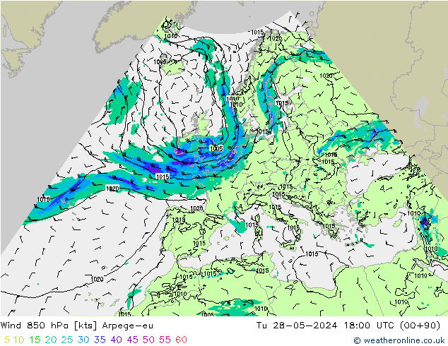 wiatr 850 hPa Arpege-eu wto. 28.05.2024 18 UTC