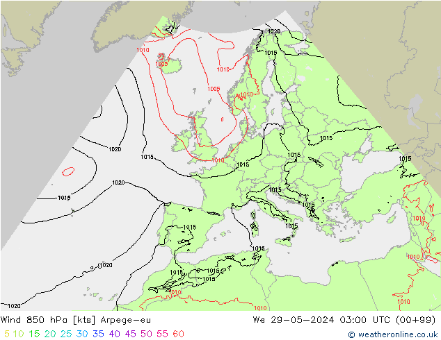Wind 850 hPa Arpege-eu Mi 29.05.2024 03 UTC