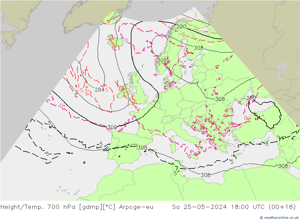 Height/Temp. 700 hPa Arpege-eu so. 25.05.2024 18 UTC