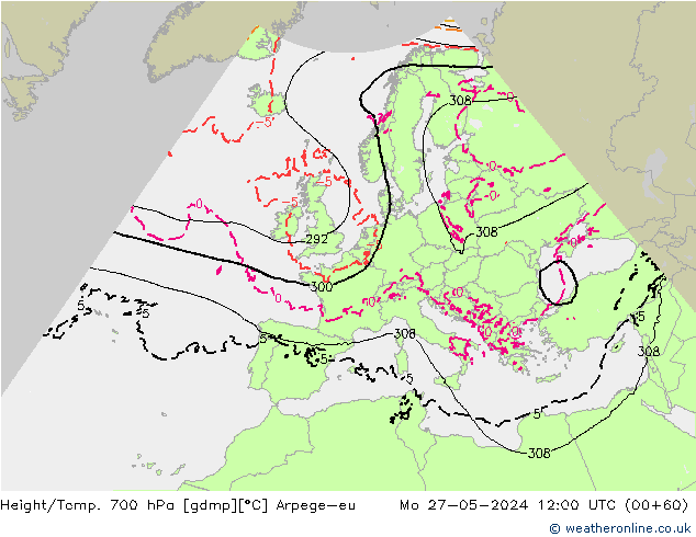 Height/Temp. 700 hPa Arpege-eu Mo 27.05.2024 12 UTC