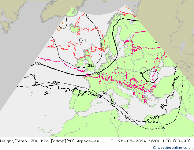 Height/Temp. 700 hPa Arpege-eu Tu 28.05.2024 18 UTC