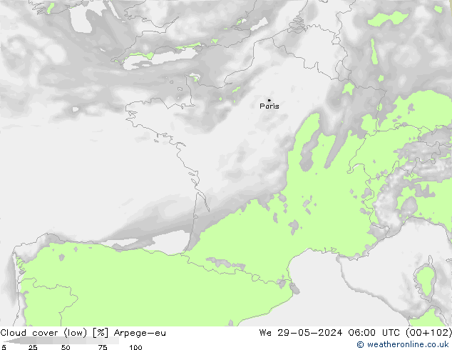 Nuages (bas) Arpege-eu mer 29.05.2024 06 UTC