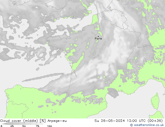 Cloud cover (middle) Arpege-eu Su 26.05.2024 12 UTC