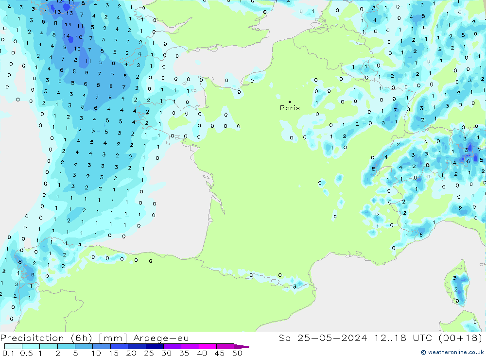 Precipitation (6h) Arpege-eu So 25.05.2024 18 UTC