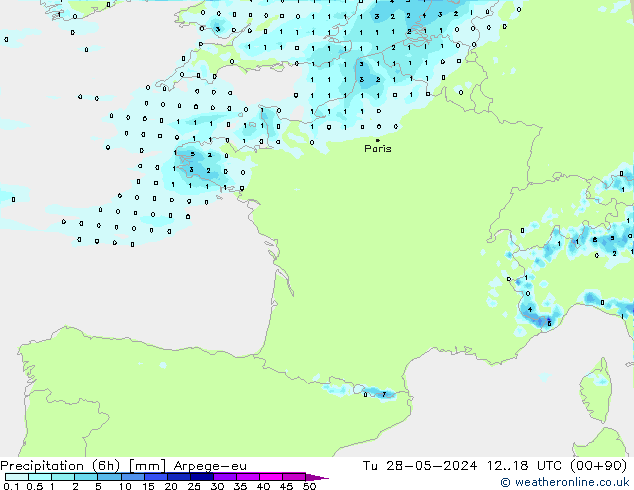 Precipitation (6h) Arpege-eu Tu 28.05.2024 18 UTC