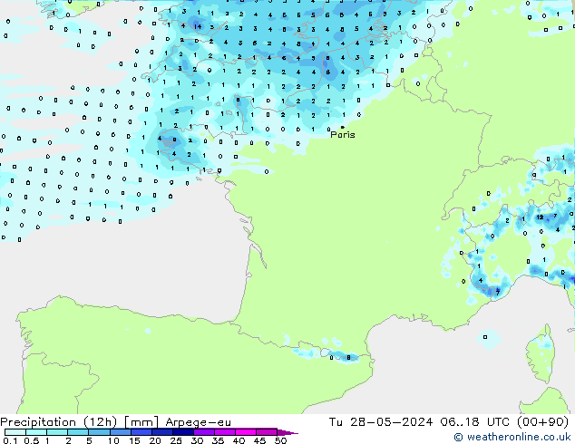 Precipitation (12h) Arpege-eu Út 28.05.2024 18 UTC