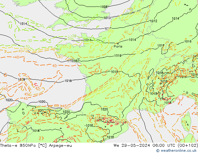 Theta-e 850hPa Arpege-eu We 29.05.2024 06 UTC