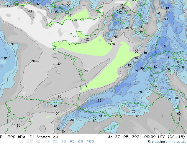 RH 700 hPa Arpege-eu Po 27.05.2024 00 UTC