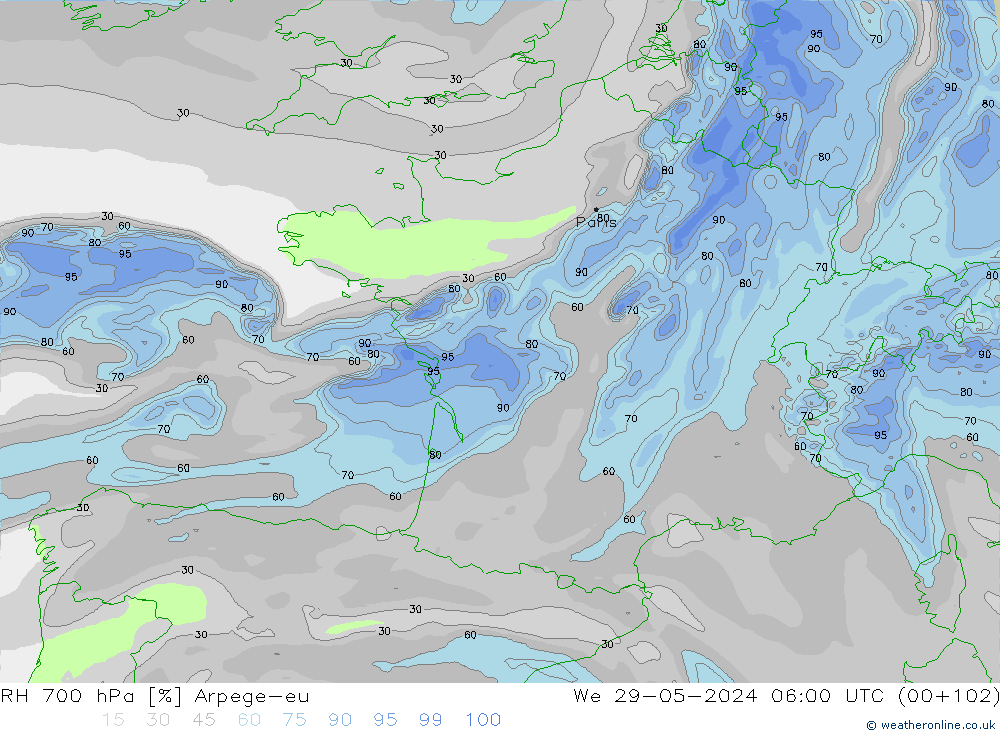 RH 700 hPa Arpege-eu śro. 29.05.2024 06 UTC