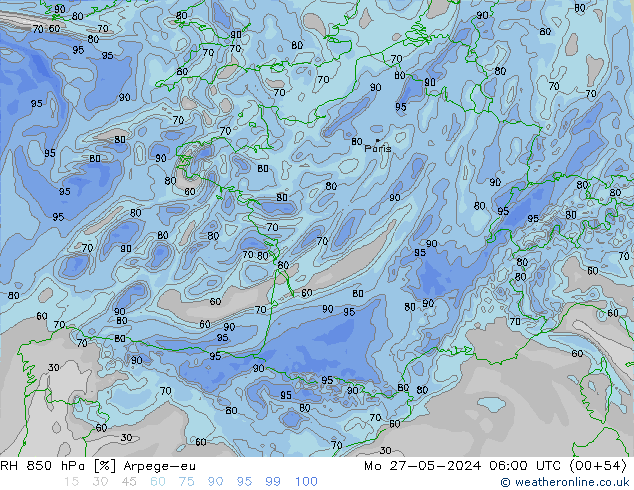 Humedad rel. 850hPa Arpege-eu lun 27.05.2024 06 UTC