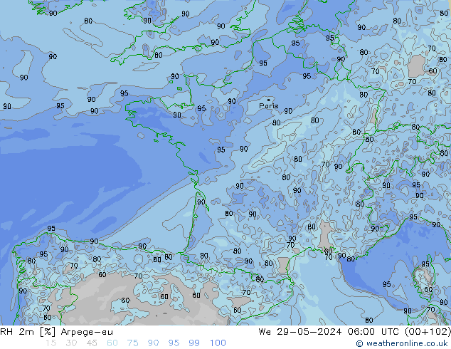 RH 2m Arpege-eu mer 29.05.2024 06 UTC
