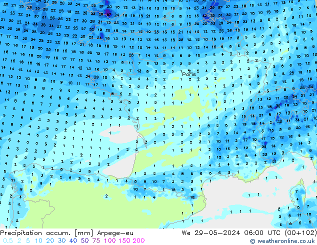 Totale neerslag Arpege-eu wo 29.05.2024 06 UTC