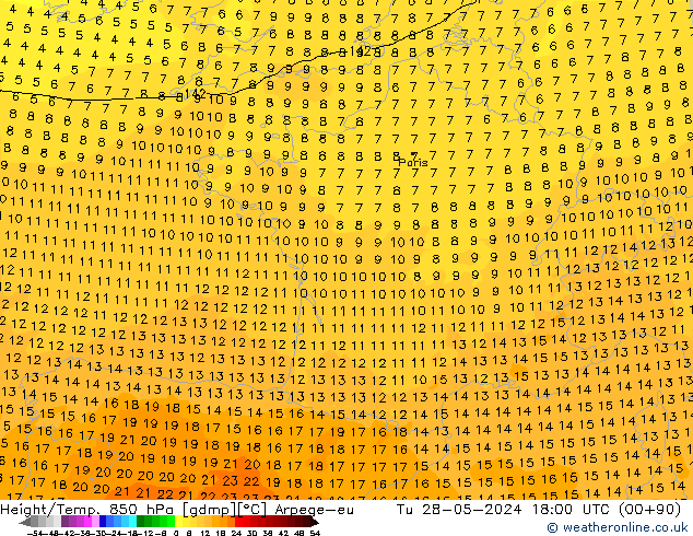 Height/Temp. 850 гПа Arpege-eu вт 28.05.2024 18 UTC