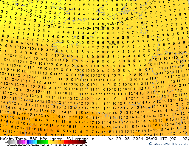 Height/Temp. 850 hPa Arpege-eu Mi 29.05.2024 06 UTC