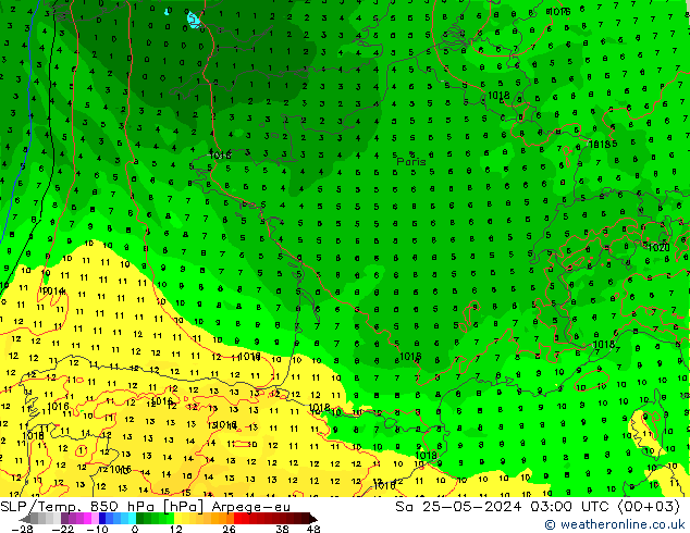 SLP/Temp. 850 hPa Arpege-eu sab 25.05.2024 03 UTC