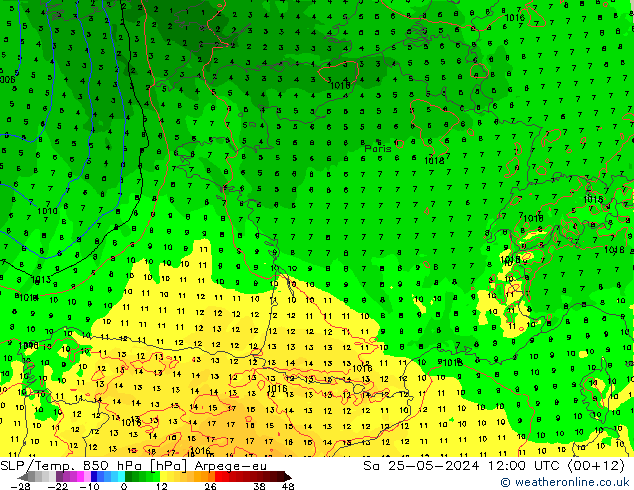 SLP/Temp. 850 гПа Arpege-eu сб 25.05.2024 12 UTC