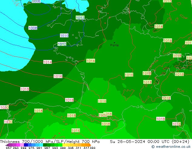 Schichtdicke 700-1000 hPa Arpege-eu So 26.05.2024 00 UTC