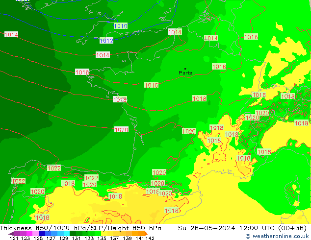 Thck 850-1000 hPa Arpege-eu Su 26.05.2024 12 UTC