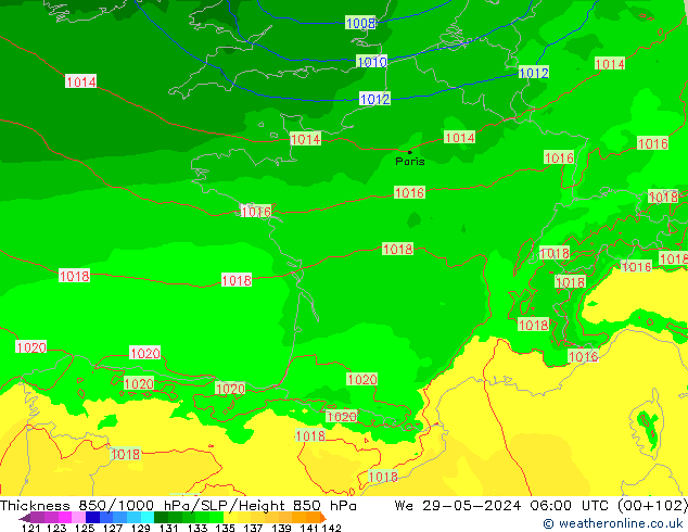 Thck 850-1000 hPa Arpege-eu We 29.05.2024 06 UTC