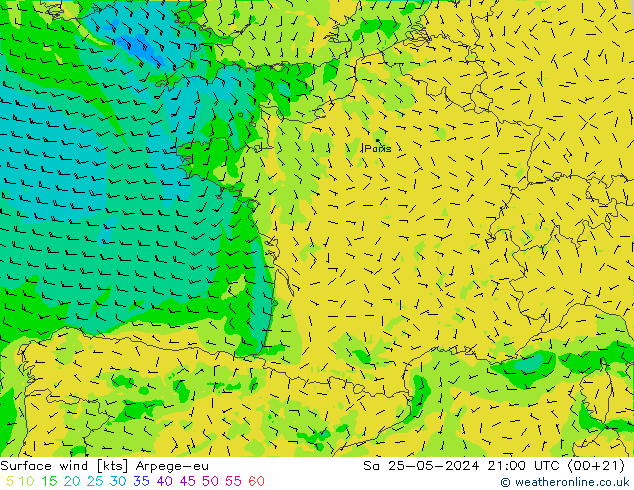 wiatr 10 m Arpege-eu so. 25.05.2024 21 UTC