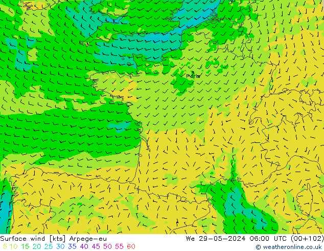 Viento 10 m Arpege-eu mié 29.05.2024 06 UTC