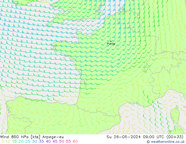 Wind 850 hPa Arpege-eu Su 26.05.2024 09 UTC