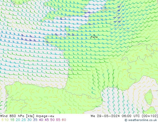 Wind 850 hPa Arpege-eu St 29.05.2024 06 UTC