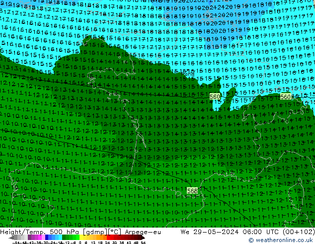 Height/Temp. 500 hPa Arpege-eu mer 29.05.2024 06 UTC