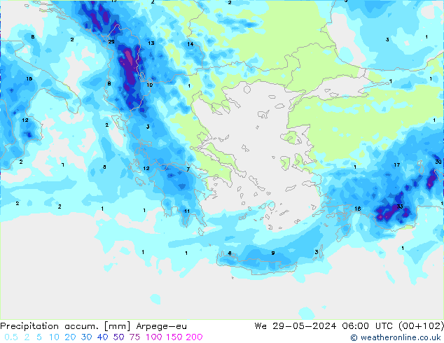 Precipitation accum. Arpege-eu śro. 29.05.2024 06 UTC