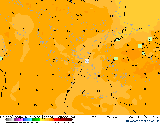 Height/Temp. 925 hPa Arpege-eu Mo 27.05.2024 09 UTC