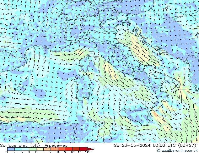 Surface wind (bft) Arpege-eu Ne 26.05.2024 03 UTC