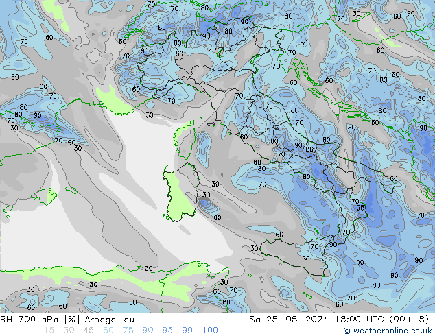 RH 700 hPa Arpege-eu so. 25.05.2024 18 UTC