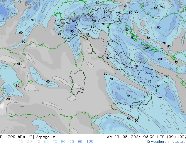 RH 700 hPa Arpege-eu Qua 29.05.2024 06 UTC