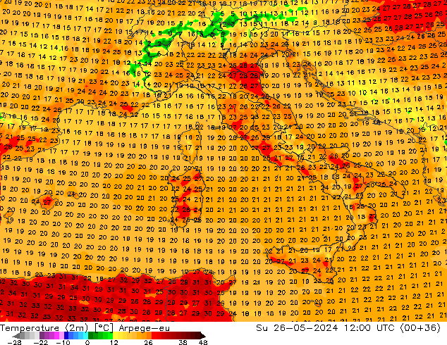 Temperature (2m) Arpege-eu Su 26.05.2024 12 UTC