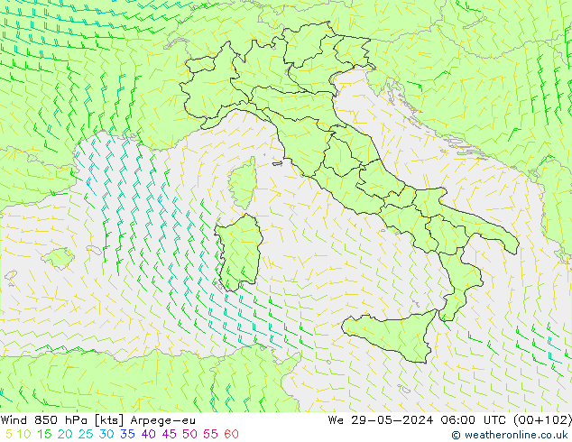 Wind 850 hPa Arpege-eu We 29.05.2024 06 UTC