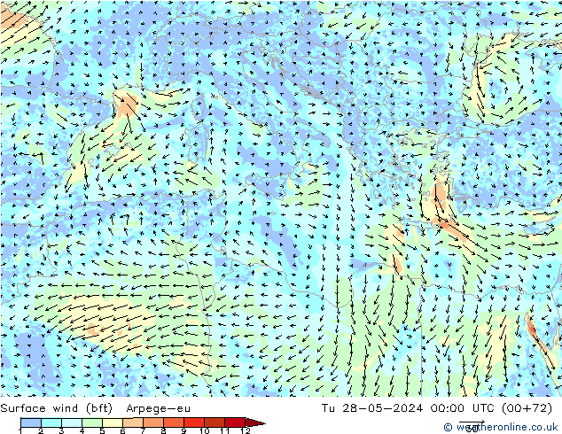 Surface wind (bft) Arpege-eu Út 28.05.2024 00 UTC