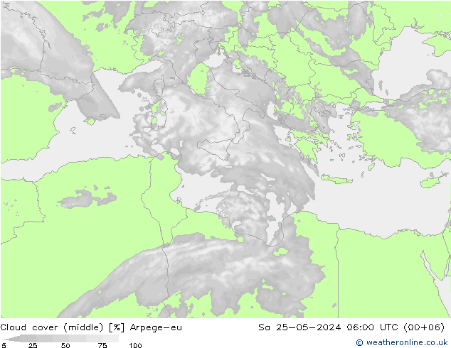 Cloud cover (middle) Arpege-eu Sa 25.05.2024 06 UTC