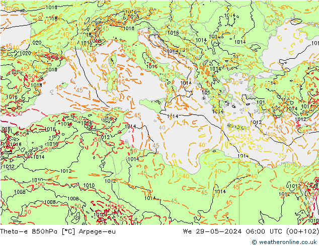 Theta-e 850hPa Arpege-eu St 29.05.2024 06 UTC