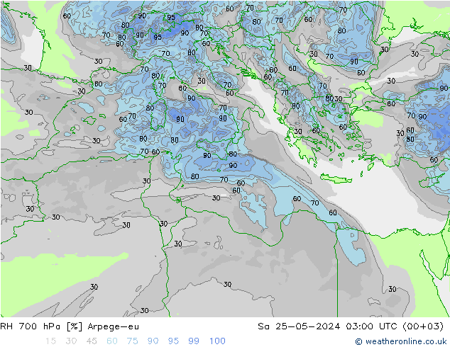 RH 700 hPa Arpege-eu Sáb 25.05.2024 03 UTC