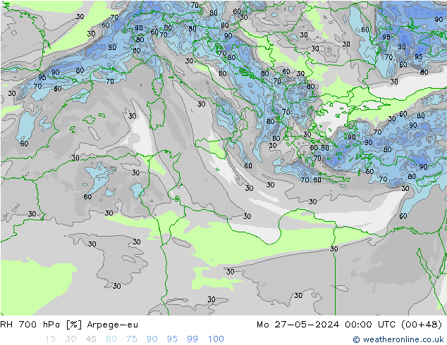 RH 700 hPa Arpege-eu Mo 27.05.2024 00 UTC