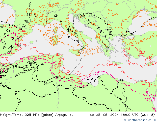 Height/Temp. 925 hPa Arpege-eu Sa 25.05.2024 18 UTC