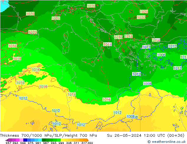 Espesor 700-1000 hPa Arpege-eu dom 26.05.2024 12 UTC