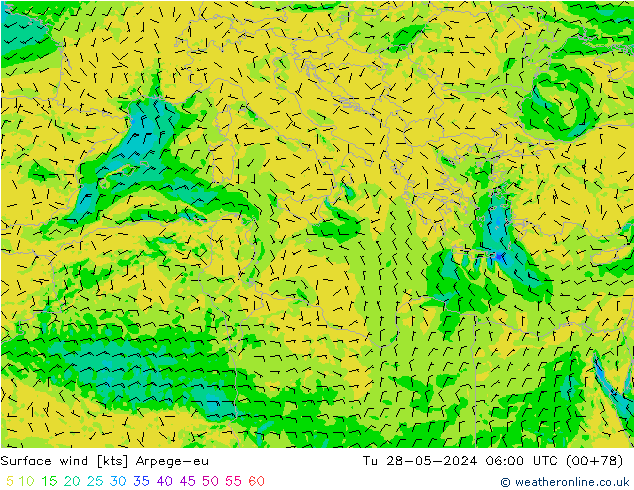 Vento 10 m Arpege-eu Ter 28.05.2024 06 UTC