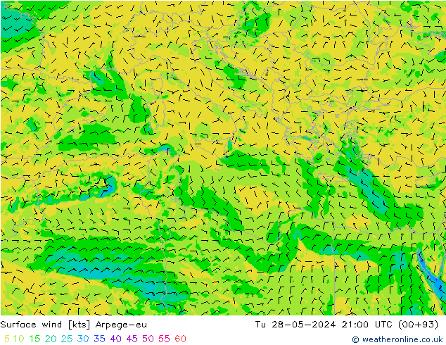 Surface wind Arpege-eu Út 28.05.2024 21 UTC