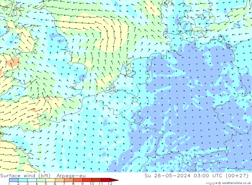 Wind 10 m (bft) Arpege-eu zo 26.05.2024 03 UTC