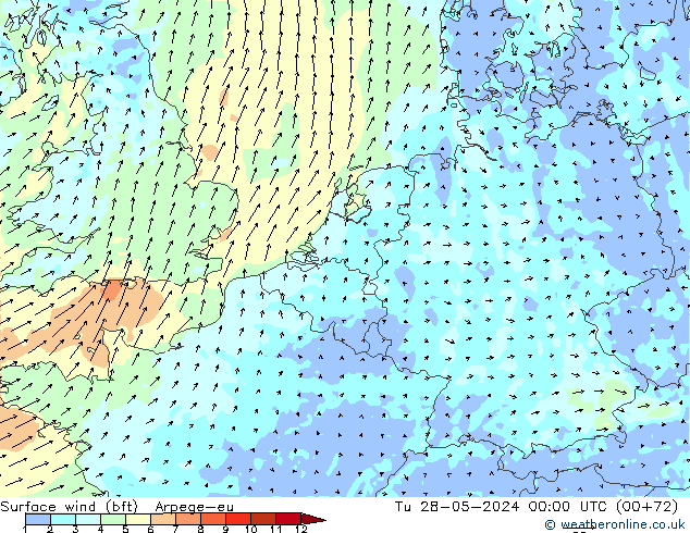 wiatr 10 m (bft) Arpege-eu wto. 28.05.2024 00 UTC