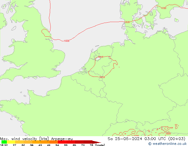 Max. wind velocity Arpege-eu Sa 25.05.2024 03 UTC