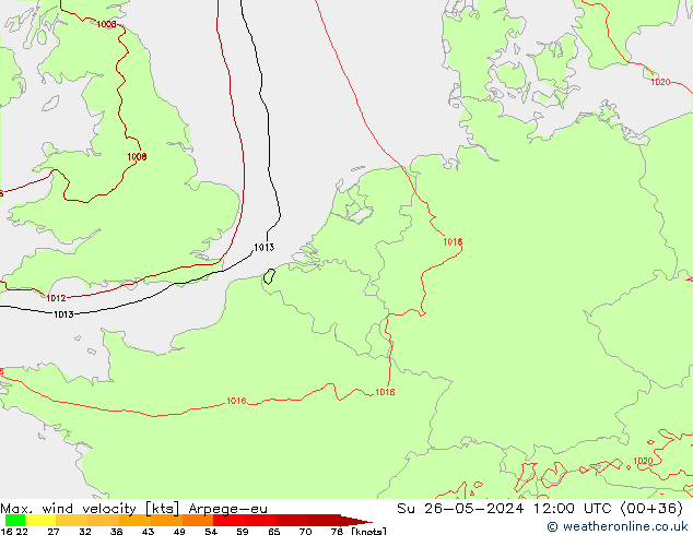 Max. wind snelheid Arpege-eu zo 26.05.2024 12 UTC